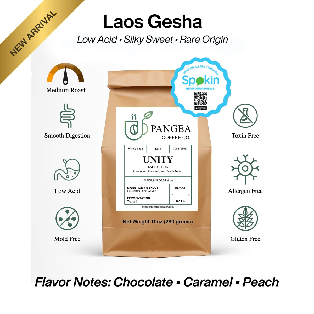 Pangea Unity Laos Gesha – 10oz medium roast whole bean coffee featuring chocolate, caramel, and peach notes. Low acid, allergen-free, specialty-grade coffee roasted in California.