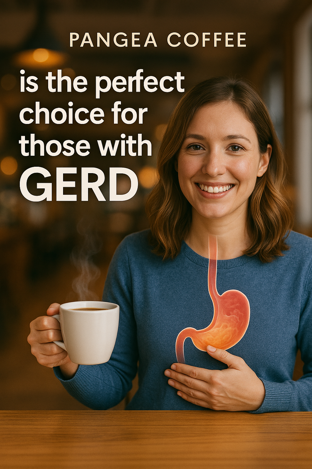 Woman smiling with coffee and stomach illustration - Pangea Coffee perfect choice for GERD sufferers with low-acid gentle coffee for acid reflux and sensitive digestion