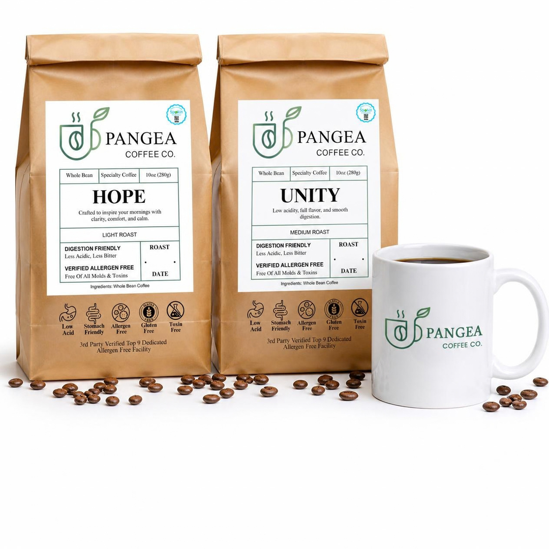 Pangea Rise & Grind Morning Bundle — Hope light roast and Unity medium roast 10oz bags with a Pangea ceramic mug, low acid, mold-free coffee for sensitive stomachs