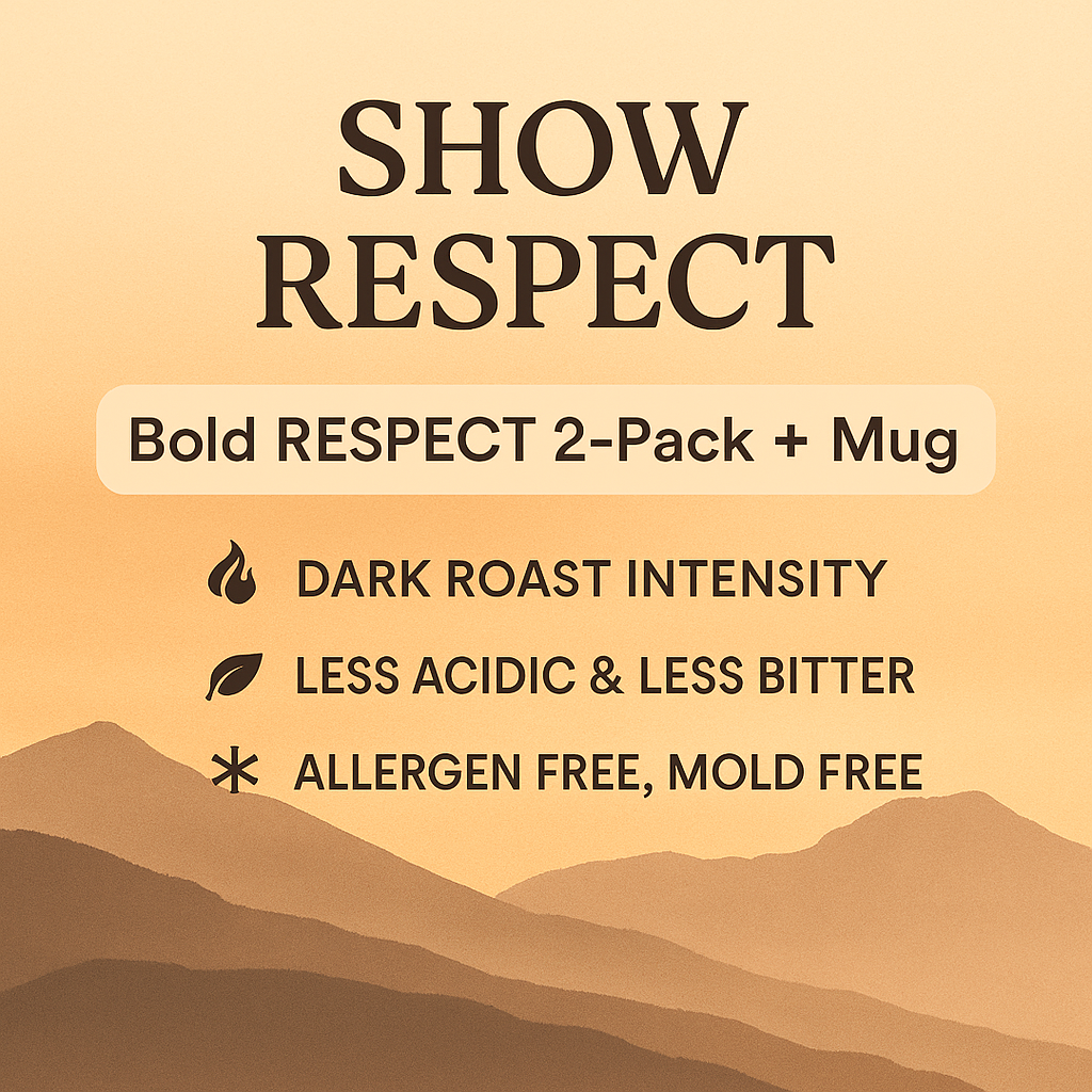 Bold Respect coffee bundle with mountain backdrop — Show Respect, low acid dark roast