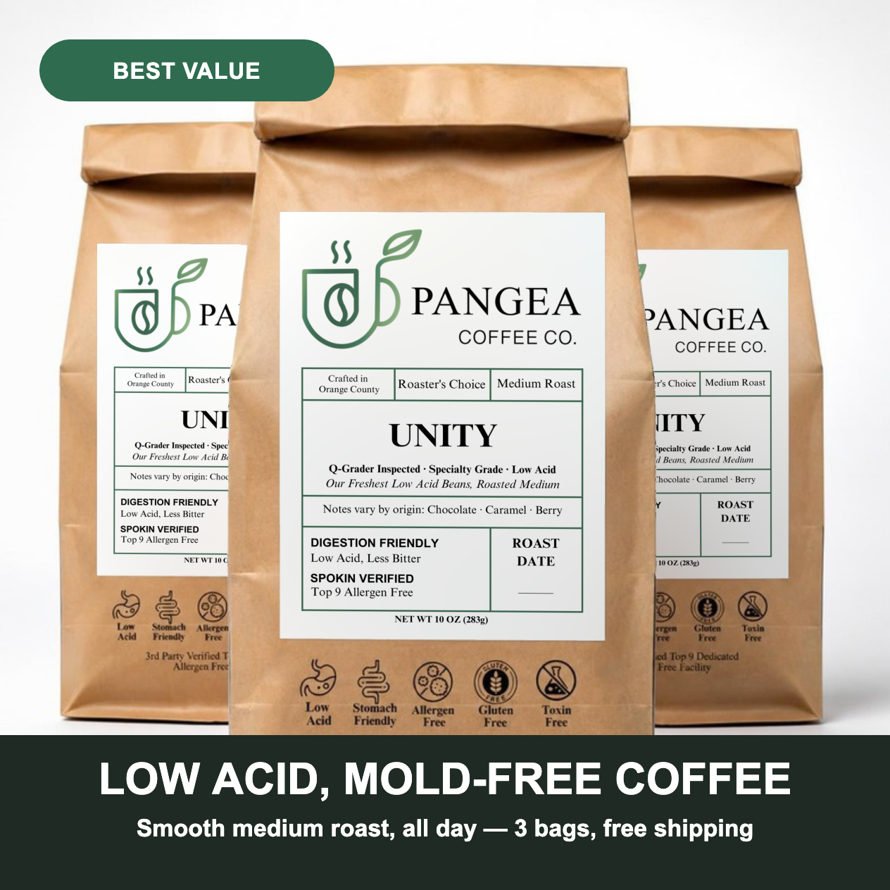 Unity 3-Pack: low acid, mold-free coffee — smooth medium roast for all-day drinking, three 10oz bags, best value with free shipping