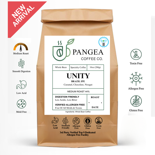 Unity Brazil Ipê — mold-free low acid medium roast coffee from Minas Gerais, Brazil, caramel chocolate nougat notes, SPOKIN-verified allergen-free, natural process