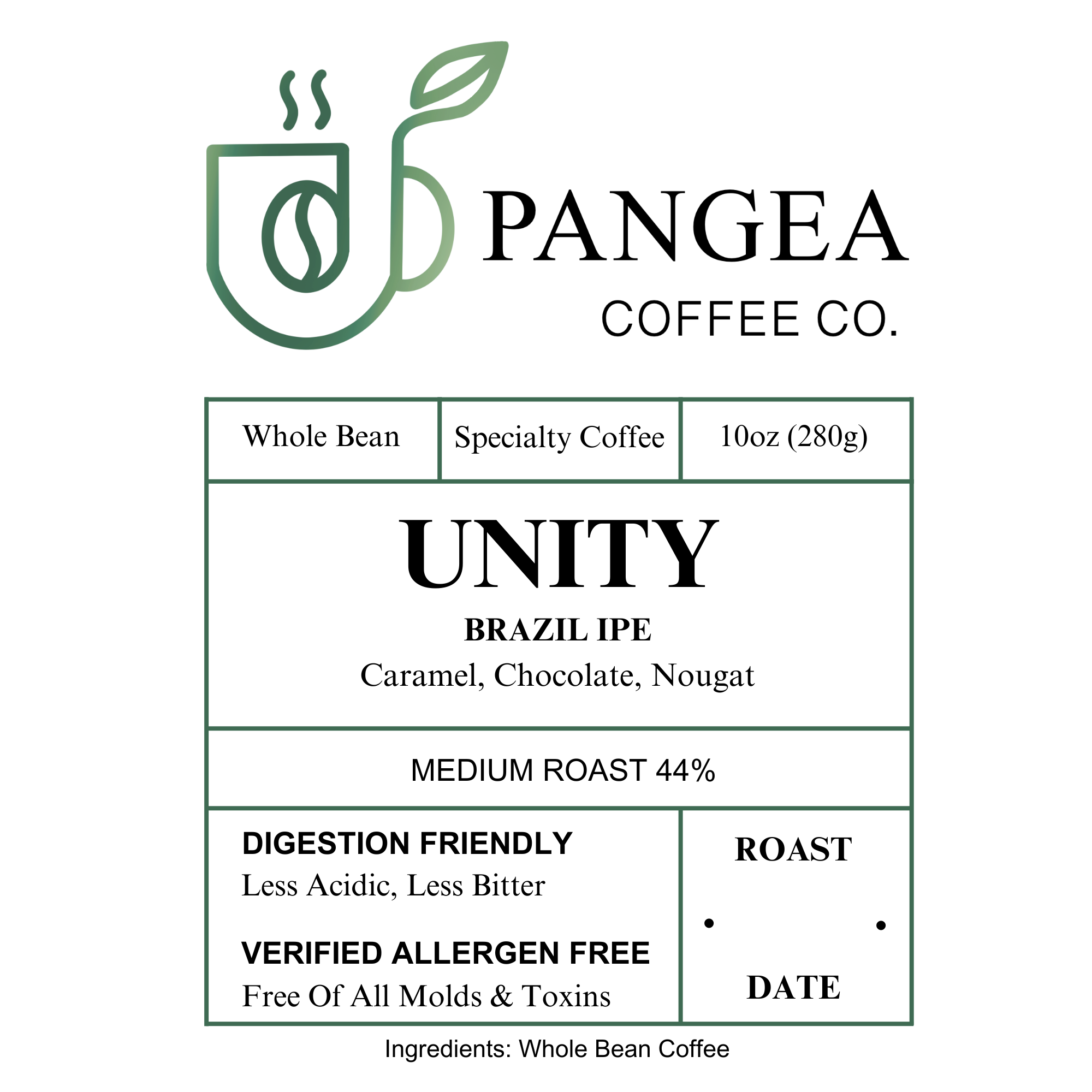 Unity Brazil Ipê single origin — natural process medium roast coffee from Minas Gerais, Brazil, low acid allergen-free, named after the Ipê tree