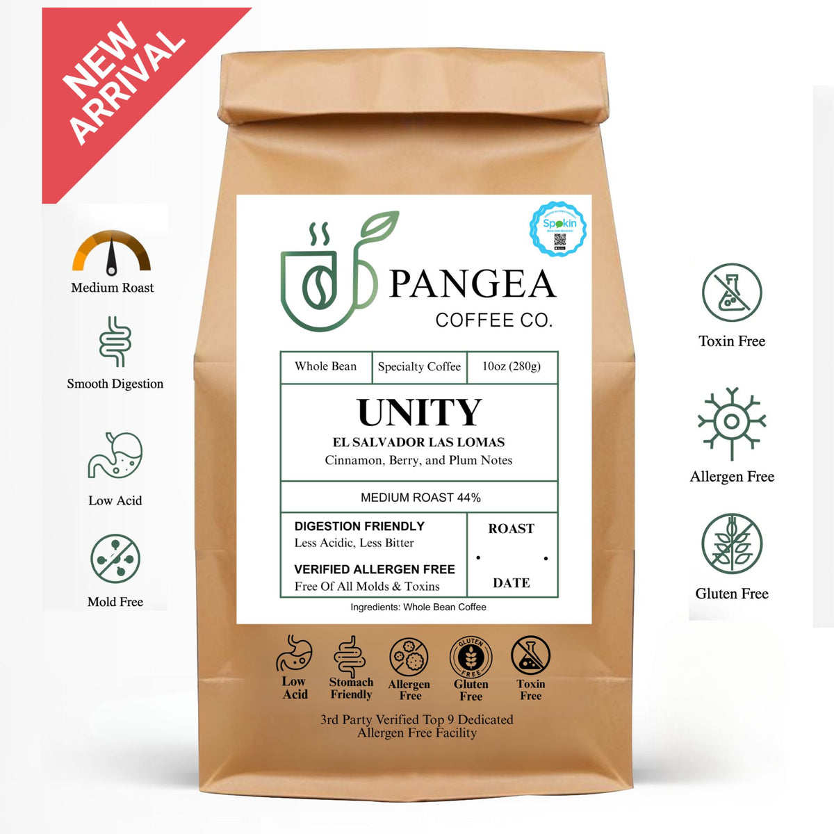 Unity El Salvador Las Lomas low acid mold free medium roast coffee - SPOKIN verified allergen free