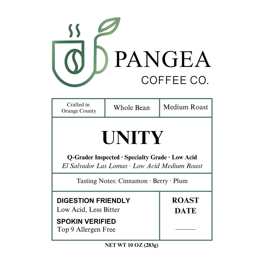 Unity El Salvador Las Lomas label - low acid mold free allergen free specialty coffee Pangea