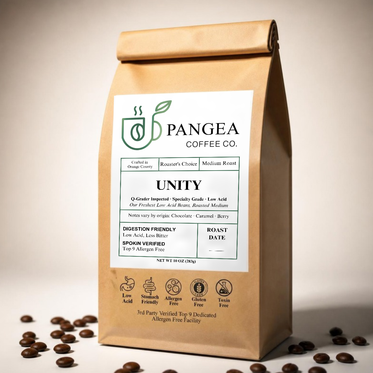 Pangea Unity medium roast 10oz bag — low acid, mold-free, allergen-free coffee delivered monthly with the Unity Membership subscription