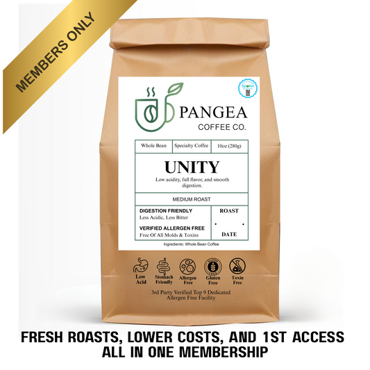 Unity Medium Roast Membership — mold-free low acid medium roast subscription for acid reflux, GERD, and sensitive stomachs, SPOKIN-verified allergen-free, save 15 percent