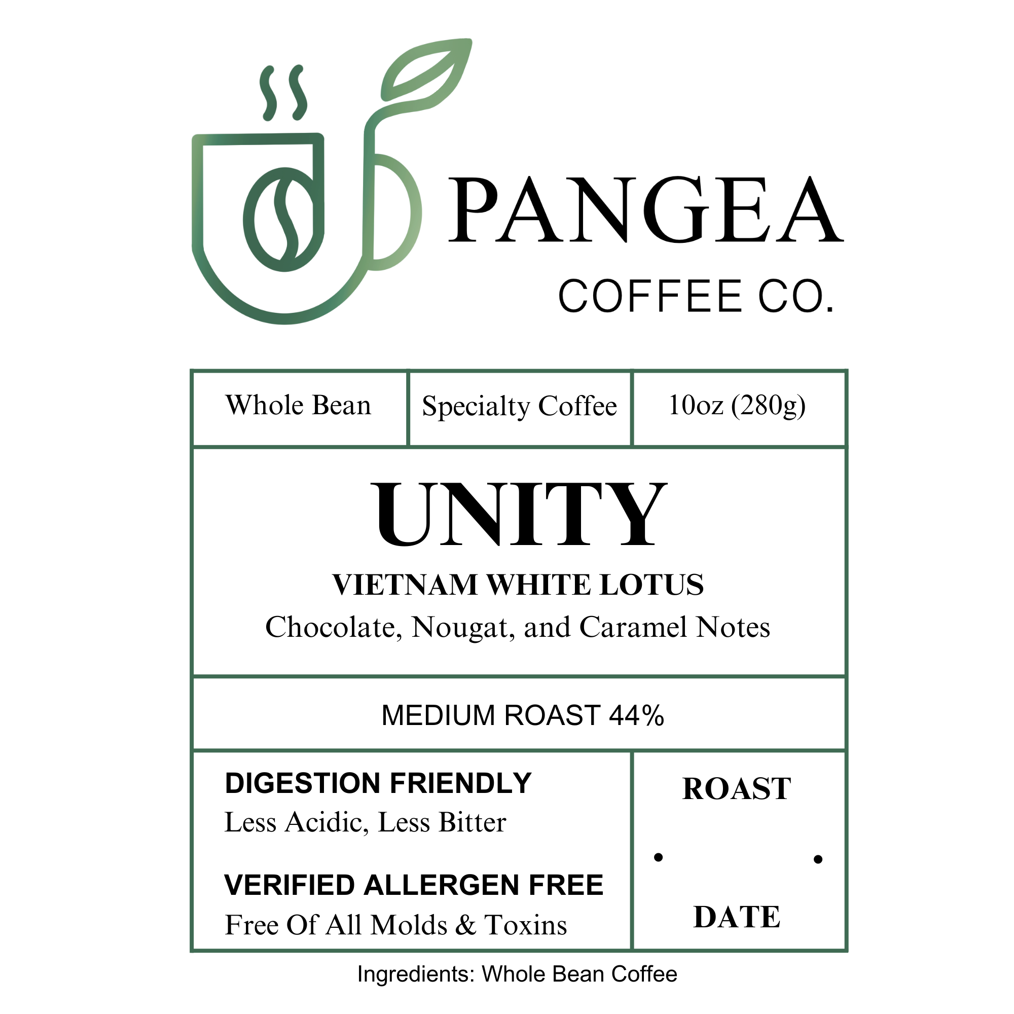 Unity Vietnam White Lotus single origin — Jade Mountain specialty arabica from Lam Dong highlands Vietnam, washed process, low acid allergen-free mold-free
